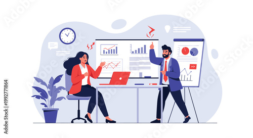 Professional male and female colleagues having a heated discussion or argument over financial data and charts in a modern office environment.