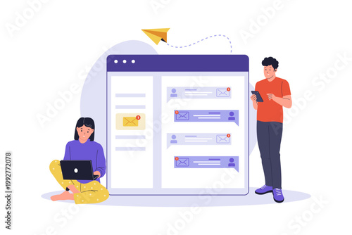 Illustration of People Having Conversation in Email Thread. Two people communicating through an organized email thread or chain of messages in a digital interface, showing continuous correspondence
