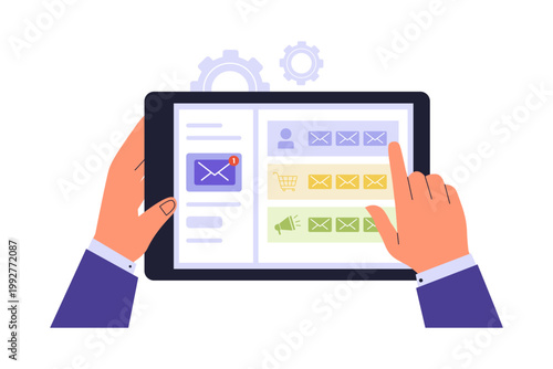 Illustration of Hand Sorting Emails into Categorized Folders. A professional hand interacting with a digital tablet to sort and categorize emails into different sections like social, promotions, and u