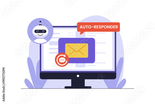 Illustration of Automated Email Auto-responder with AI Bot. An illustration of a computer screen with an AI bot icon and an auto-responder label, representing automated message replies for business