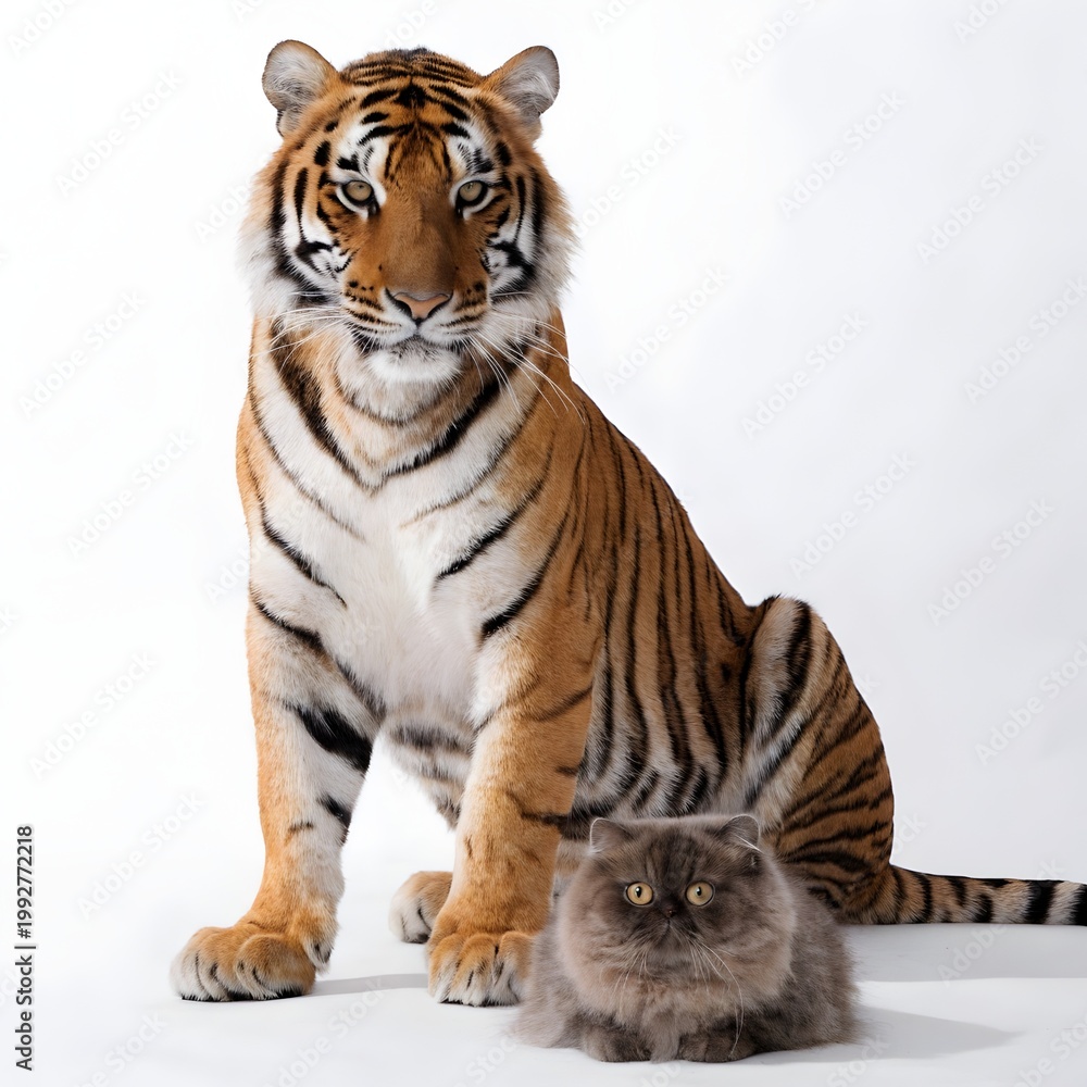 Obraz premium Tiger and fluffy Persian cat sitting together in studio lighting on white background