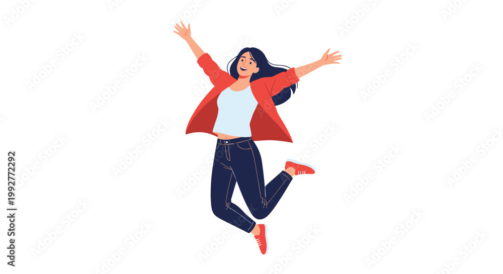 Obraz premium Young girl in a red shirt and jeans jumps high into the air with her arms spread wide in a gesture of pure joy and success.