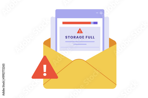 Illustration of Email Storage Full and Memory Warning Alert. A yellow envelope containing a digital screen with a red progress bar and a "Storage Full" warning message, representing memory limits