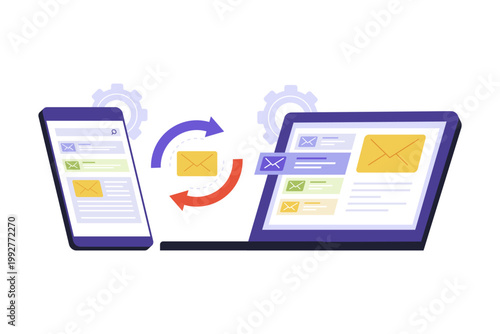 Illustration of Email Synchronization Between Smartphone and Laptop. A conceptual illustration showing email messages syncing and updating across multiple devices including a mobile phone and a laptop