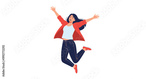 Young girl in a red shirt and jeans jumps high into the air with her arms spread wide in a gesture of pure joy and success.