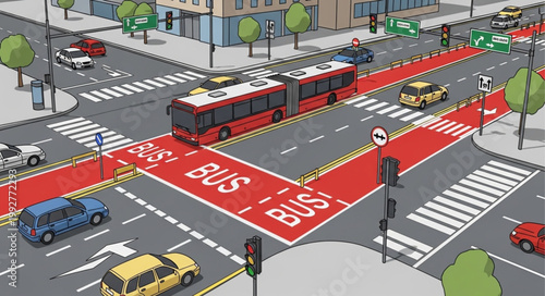 City intersection with dedicated bus lanes and traffic.