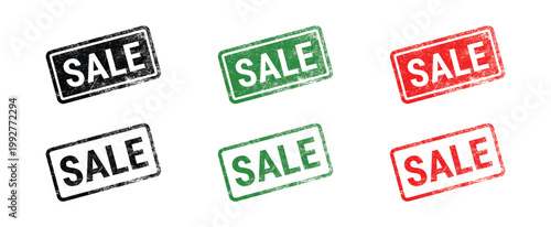 sale rubber stamp set with grunge texture black green red rectangular promotional label