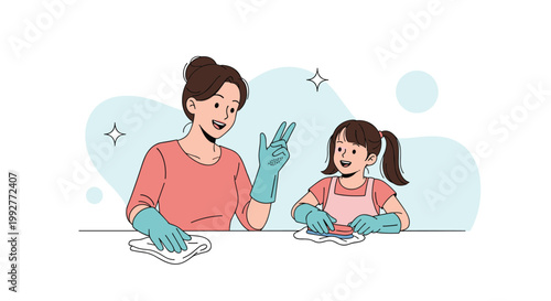 Smiling mother and young daughter wearing blue rubber gloves work together to clean a surface with sponges and cloths in a bright setting.