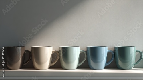 Ceramic mugs aligned in a row, minimal composition