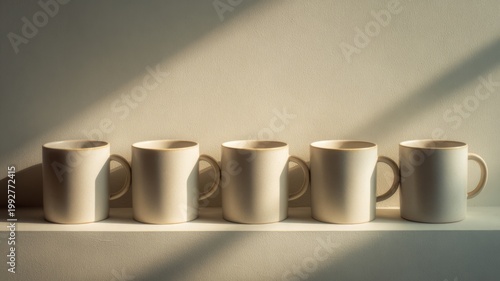 Ceramic mugs aligned in a row, minimal composition