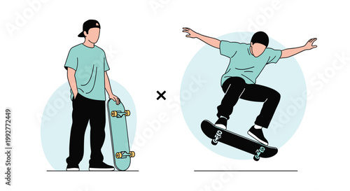 Illustration shows a skateboarder standing with his board and performing a dynamic jump trick in a minimalist flat design style.