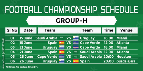 2026 World Football Tournament Group H Match Schedule Printable Wall Chart. Spain, Cape Verde, Saudi Arabia, and Uruguay Match fixtures. USA Mexico Canada Football Championship Poster.