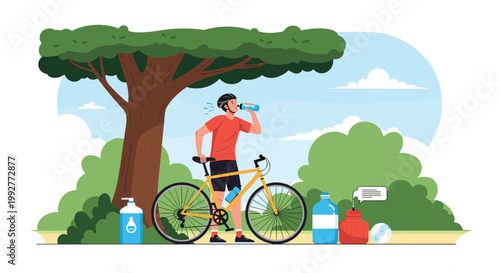 Man in a cycling outfit and helmet takes a drink of water from a bottle next to his bicycle under a large tree in a park.