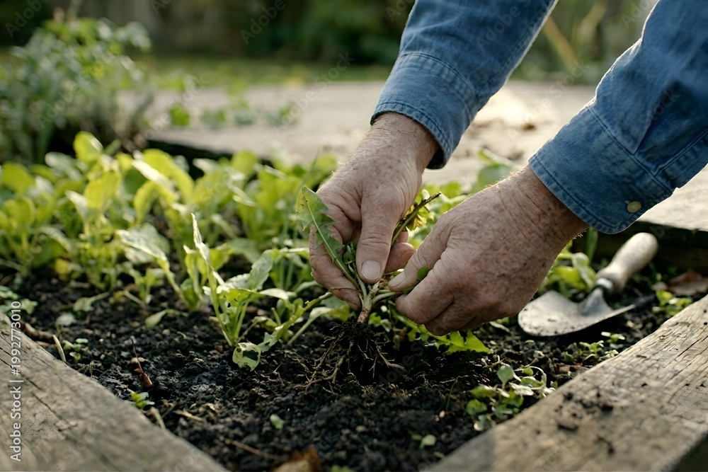 Fototapeta premium Gardener's hands carefully removing a weed from a raised garden bed with young plants