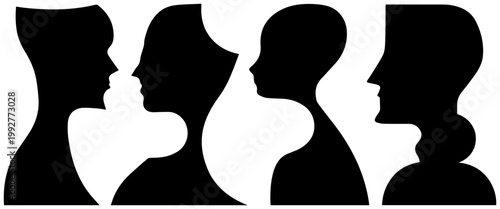Abstract minimalist black silhouette profiles of four diverse individuals in conversation symbolizing communication connection and diverse perspectives against a clean white