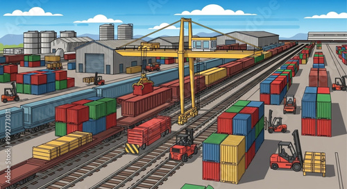 Industrial shipping port with cranes trains and cargo containers.