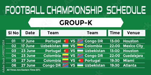 2026 World Football Tournament Group K Match Schedule Printable Wall Chart. Portugal, Congo DR, Uzbekistan, and Colombia Match fixtures. USA Mexico Canada Football Championship Poster.