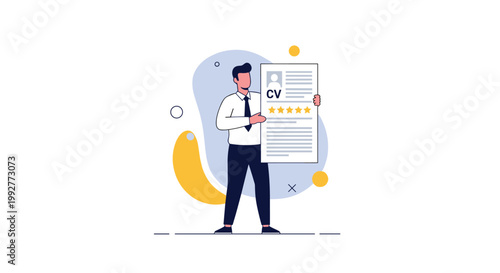 Professional man in a white shirt and tie presents a giant CV document featuring a five-star rating and his own portrait photo.