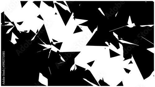 Dynamic abstract composition featuring sharp fragmented geometric shapes and triangular prisms in a striking black and white contrast evoking a sense of chaos and modern design