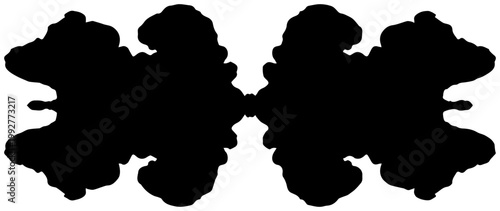 Abstract symmetrical inkblot shapes perfectly flat black and white isolated on white background representing psychology interpretation and creativity minimalist design for graphic