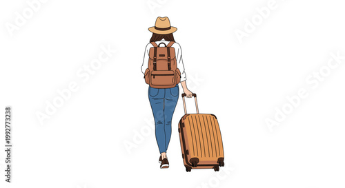 Woman with a backpack and a sun hat walks away while pulling a large brown suitcase on wheels on a plain white background.
