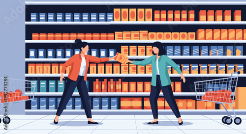 Two women in a grocery store aisle reach for and pull at the same box of food while their full shopping carts stand nearby.
