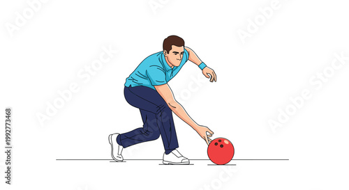 Man in a light blue polo shirt and dark pants is captured mid-motion as he throws a red bowling ball down an alley lane.