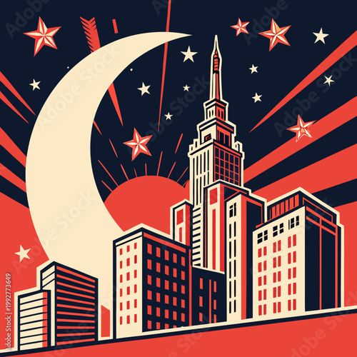 Retro cityscape, nighttime skyline, crescent moon, starry night, urban landscape, illustration