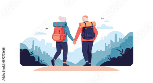 Active senior couple holding hands while hiking with heavy backpacks through a beautiful mountain landscape during retirement.