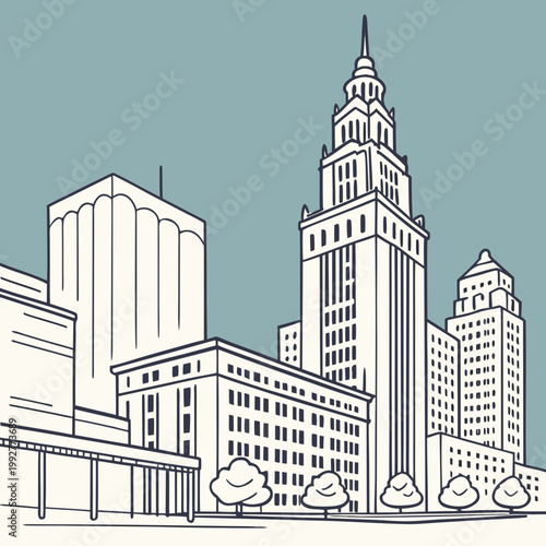 Cityscape, urban skyline, skyscrapers, illustration, vector, black and white, modern architecture, buildings