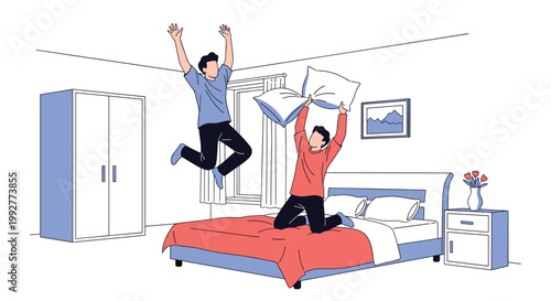 Two young male friends having a fun pillow fight while jumping on a bed in a modern home bedroom during a late sleepover.