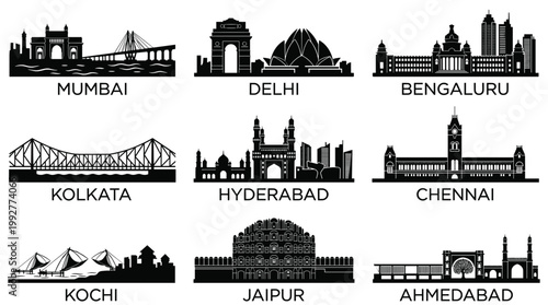Indian city skyline silhouette icons set with famous landmarks vector illustration