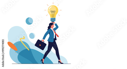 Successful businesswoman carrying a briefcase and walking with a bright glowing lightbulb over her head for new ideas.