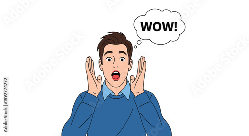 Surprised young man looking at the camera with wide eyes and hands on his face with a Wow speech bubble above.
