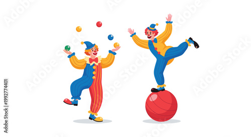 Two circus clowns performing for an audience with one juggling colorful balls and another balancing on a large red ball.