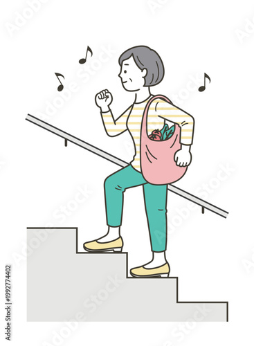 元気に階段を上るミドル世代の女性のイラスト
