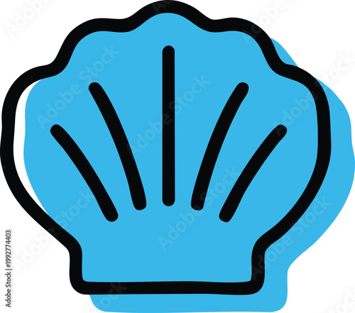 Blue scallop seashell with bold outline illustration