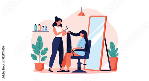Professional female hairdresser cutting the long dark hair of a client sitting in a chair at a modern beauty salon.