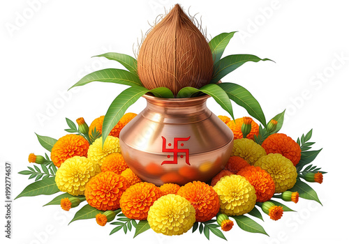 Kalash Pot Decorated with Marigolds and Coconut for Hindu Religious Puja Ceremony