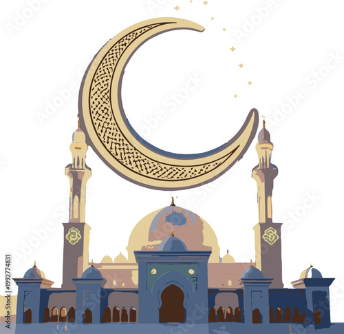 Crescent Moon Mosque Islamic Simple Vector Icon White Background