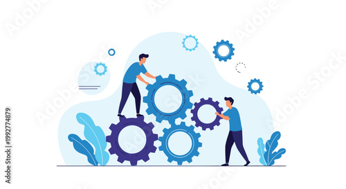 Two professional men working together to align and operate large blue gears representing business cooperation, machinery, and teamwork.