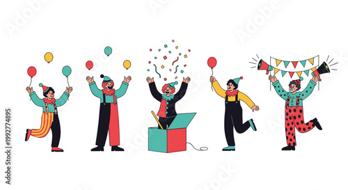Five cheerful clowns in colorful costumes performing various circus acts such as juggling and magic to entertain an audience at a party.