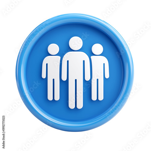 A blue icon representing three people standing together isolated on transparent background