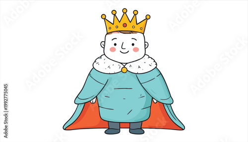 Cute Cartoon King Character Wearing a Crown and Royal Robes.