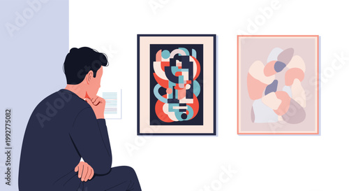 Man sitting in an art gallery and thoughtfully contemplating abstract paintings hung on a white wall during a museum exhibition.