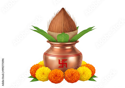 Hindu Kalash with Coconut and Swastika, adorned with Marigolds and Mango Leaves for Puja
