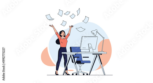 Excited businesswoman throwing papers in the air at her office desk to celebrate finishing a project or quitting her job with joy.