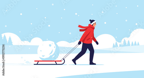 Young man in a red winter jacket pulling a large snowball on a wooden sled across a snowy landscape during a cold winter day.