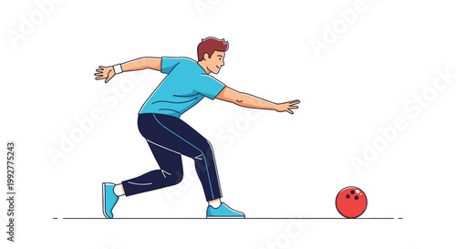Athletic young man in a blue shirt and dark trousers releasing a red bowling ball down the lane at a bowling alley for a strike.