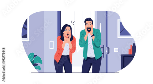 Man and woman looking extremely surprised and shocked with their hands on their faces while standing in a doorway of a room.